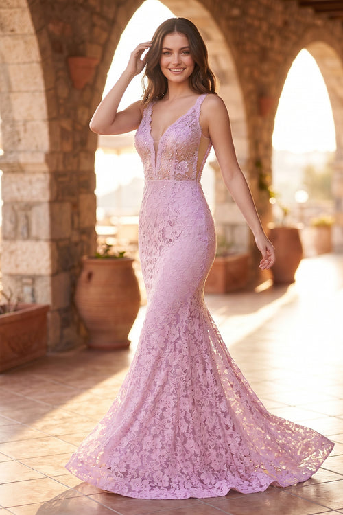 Elegant Mermaid V-Neck Pink Lace Prom Dress - KissProm