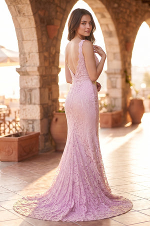 Elegant Mermaid V-Neck Pink Lace Prom Dress - KissProm