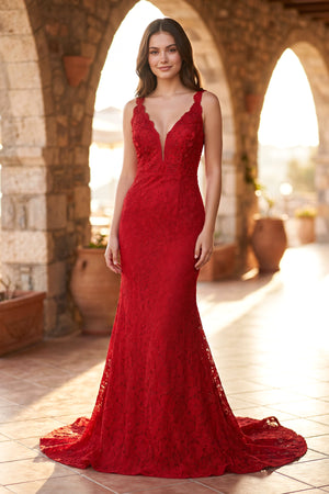 Elegant Mermaid V-Neck Red Lace Prom Dress – Prom Dress by KissProm | Available at KissProm