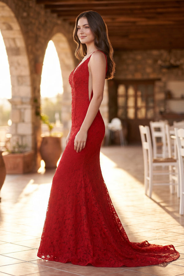 Elegant Mermaid V-Neck Red Lace Prom Dress – Prom Dress by KissProm | Available at KissProm