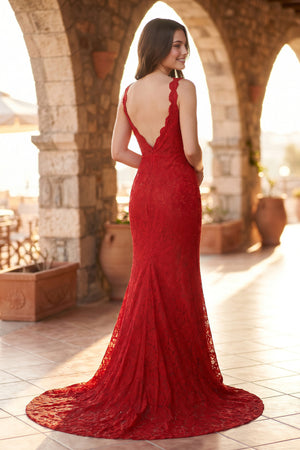 Elegant Mermaid V-Neck Red Lace Prom Dress – Prom Dress by KissProm | Available at KissProm