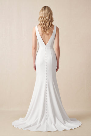 White Elegant Mermaid V Neck Satin Long Wedding Dresses with Train – Wedding Dresses by KissProm | Available at KissProm