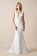 White Elegant Mermaid V Neck Satin Long Wedding Dresses with Train – Wedding Dresses by KissProm | Available at KissProm