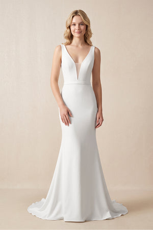 White Elegant Mermaid V Neck Satin Long Wedding Dresses with Train – Wedding Dresses by KissProm | Available at KissProm