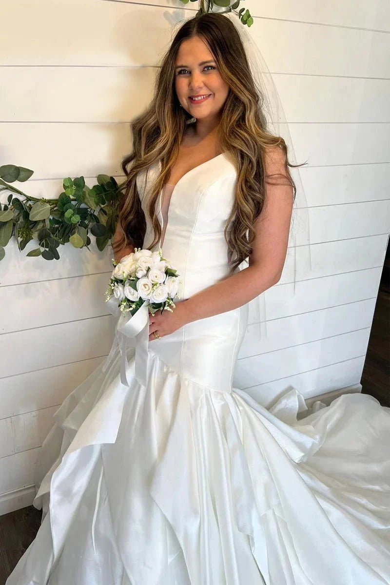 Elegant Mermaid V Neck Taffeta Wedding Dresses Diamond White / 20