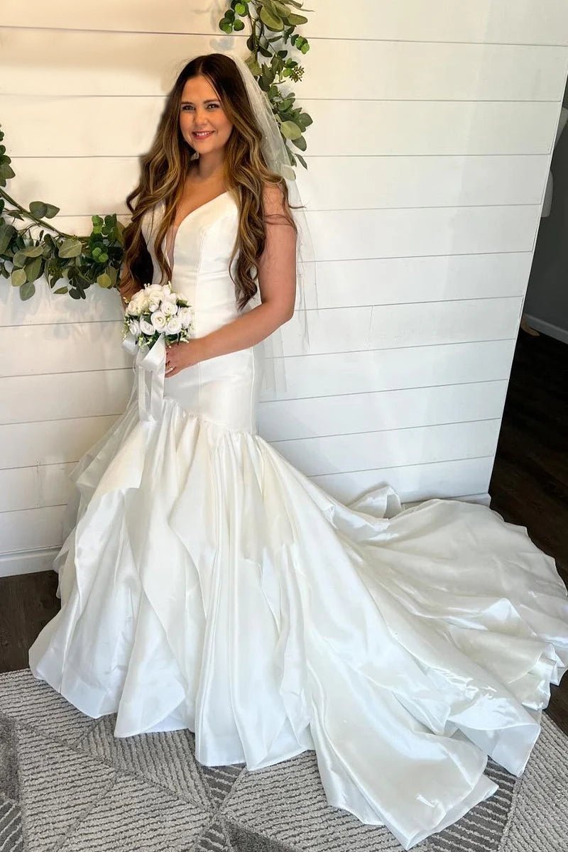 Elegant Mermaid V Neck Taffeta Wedding Dresses - KissProm