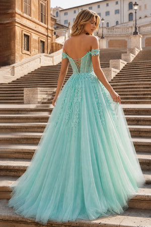 A-line V Neck Lace Tulle Prom Dress With Slit - KissProm
