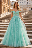 A-line V Neck Lace Tulle Prom Dress With Slit - KissProm
