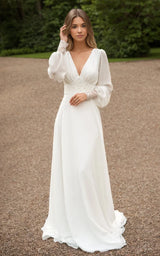 Jolanda | A-Line Floor Chiffon Long Sleeve Wedding Dress with Sequins and Train