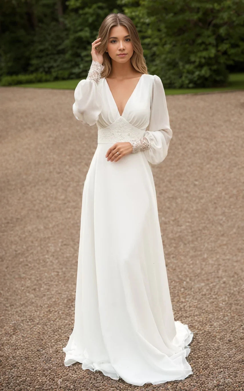 KissProm A-Line Floor Chiffon Long Sleeve Wedding Dress with Sequins and Train, Diamond White / 0