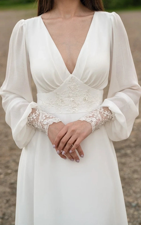 chiffon long sleeve dress A-Line Floor Chiffon Long Sleeve Wedding Dress with Sequins and Train, Diamond White / 0