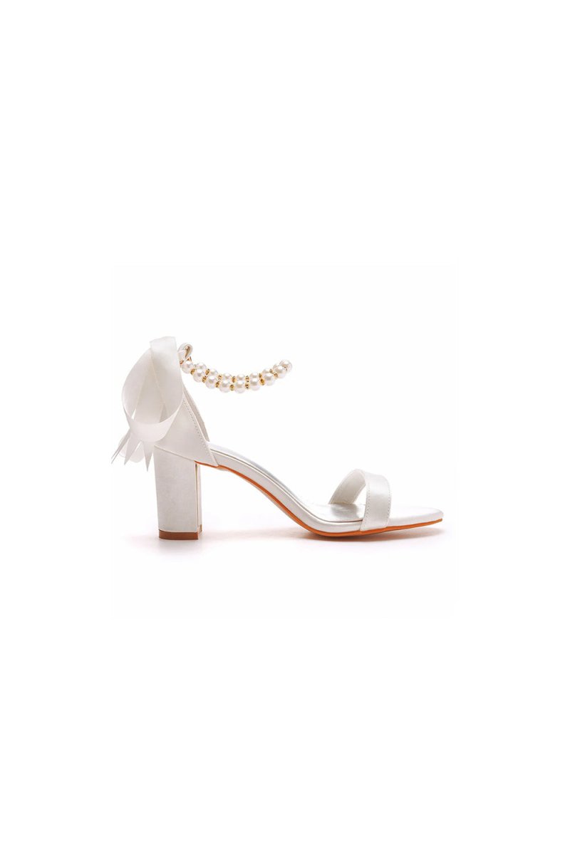 Elegant Pearl Ribbon Tie Satin Open Toe Ankle Strap Block High Heels - KissProm