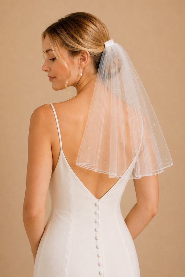Elegant Pearl Wedding Veil with Comb in White - KissProm Wedding Veils