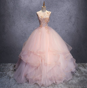 Pink A Line Organza Floor-Length Prom Dress with Appliqued