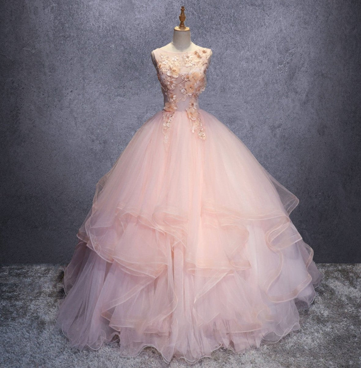 open lace back dress Pink A Line Organza Floor-Length Prom Dress with Appliqued