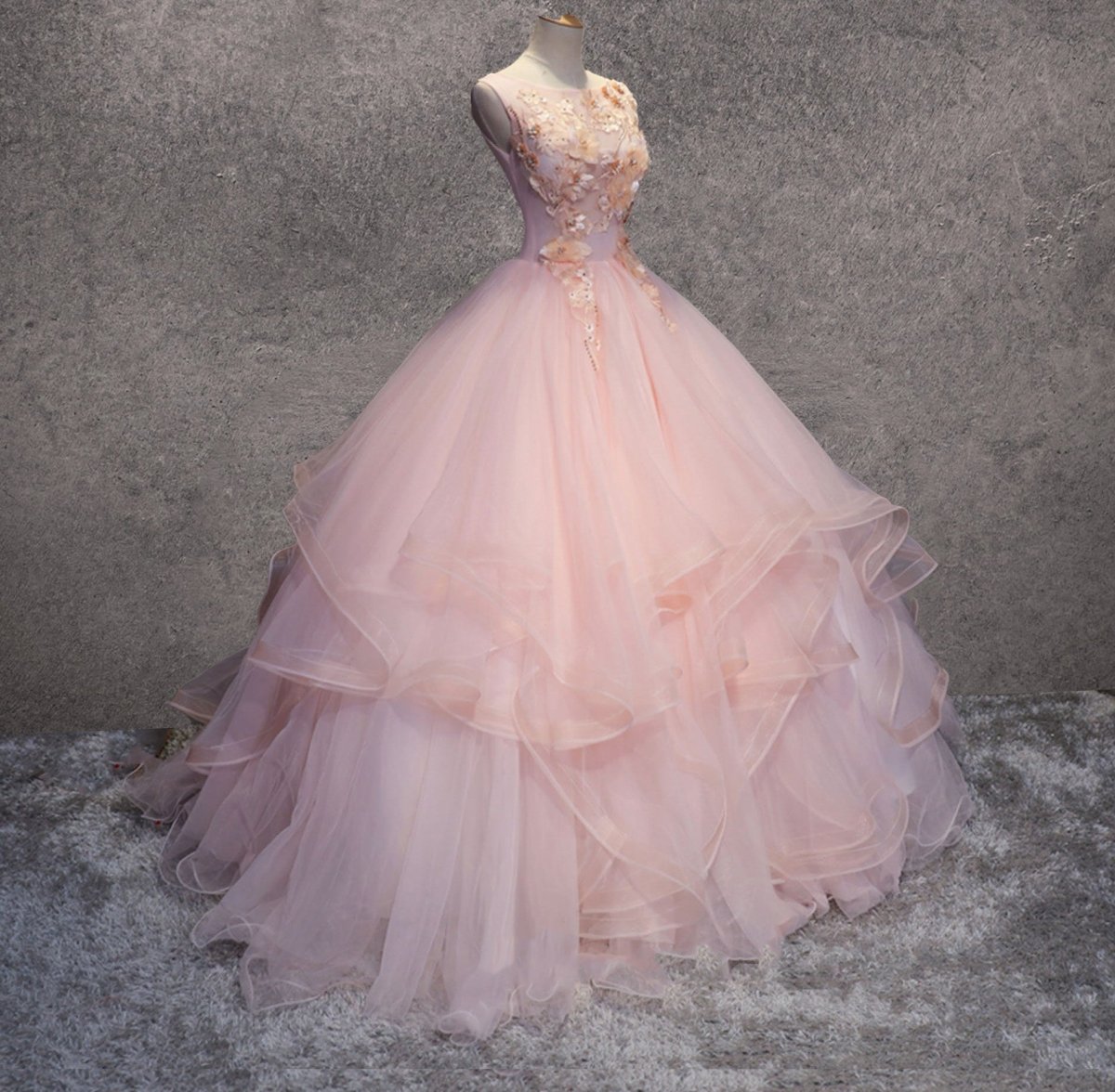 Pink A Line Organza Floor-Length Prom Dress with Appliqued