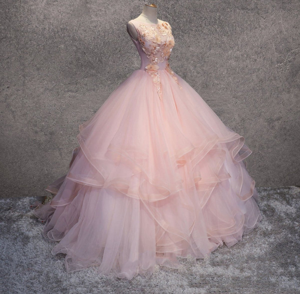 Pink A Line Organza Floor-Length Prom Dress with Appliqued