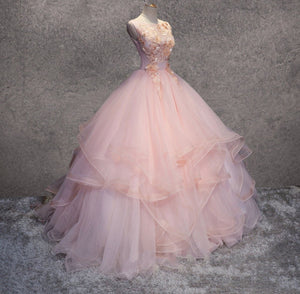 Pink A Line Organza Floor-Length Prom Dress with Appliqued