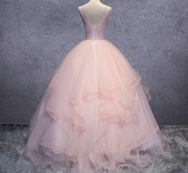Pink A Line Organza Floor-Length Prom Dress with Appliqued