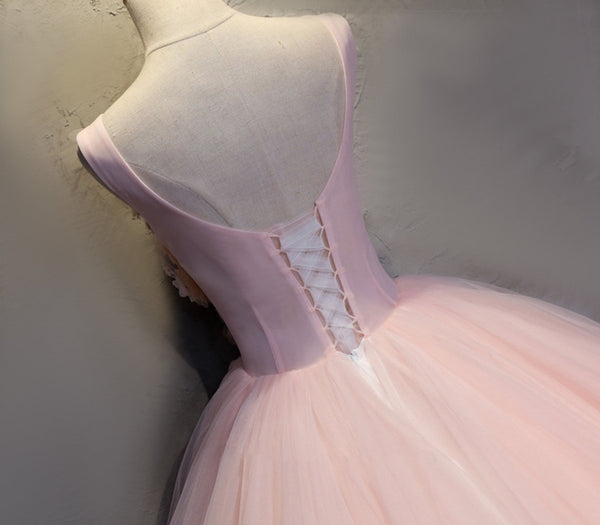 Pink A Line Organza Floor-Length Prom Dress with Appliqued