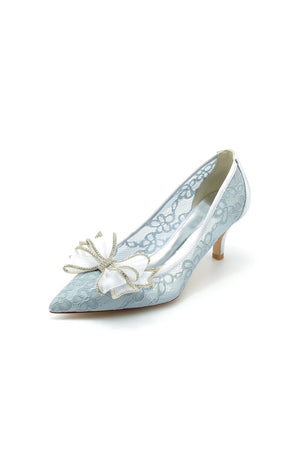 Elegant Pointed Toe Lace Mesh Hollow Out High Heels with Bow - KissProm