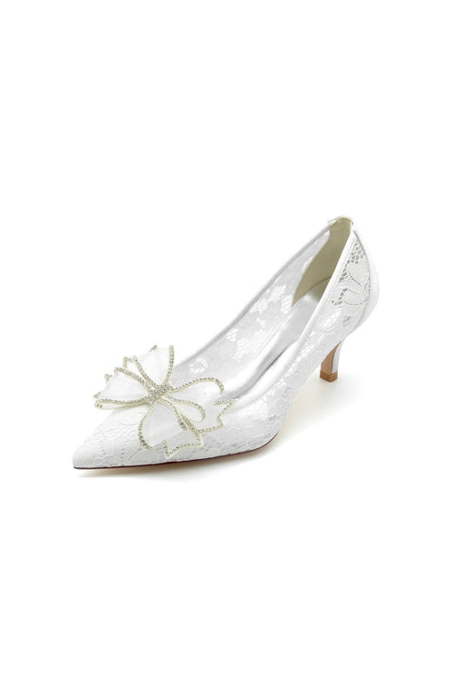 Elegant Pointed Toe Lace Mesh Hollow Out High Heels with Bow - KissProm