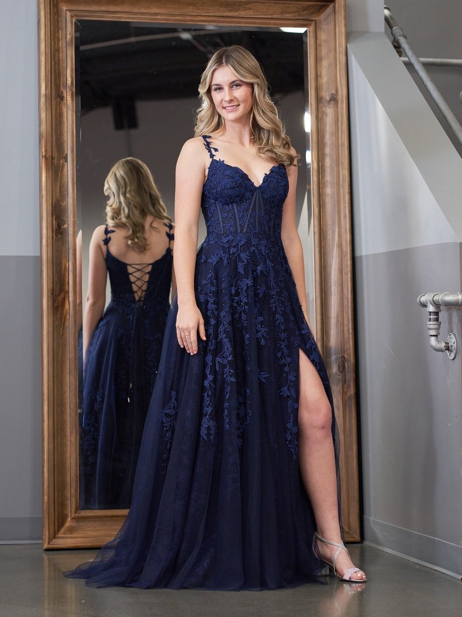blue long sleeve dress short Shiny V Neck Navy Blue Tulle Long Prom Dresses, Navy Blue Formal Eveni –  abcprom main image 1