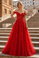 A-line V Neck Lace Tulle Prom Dress With Slit - KissProm