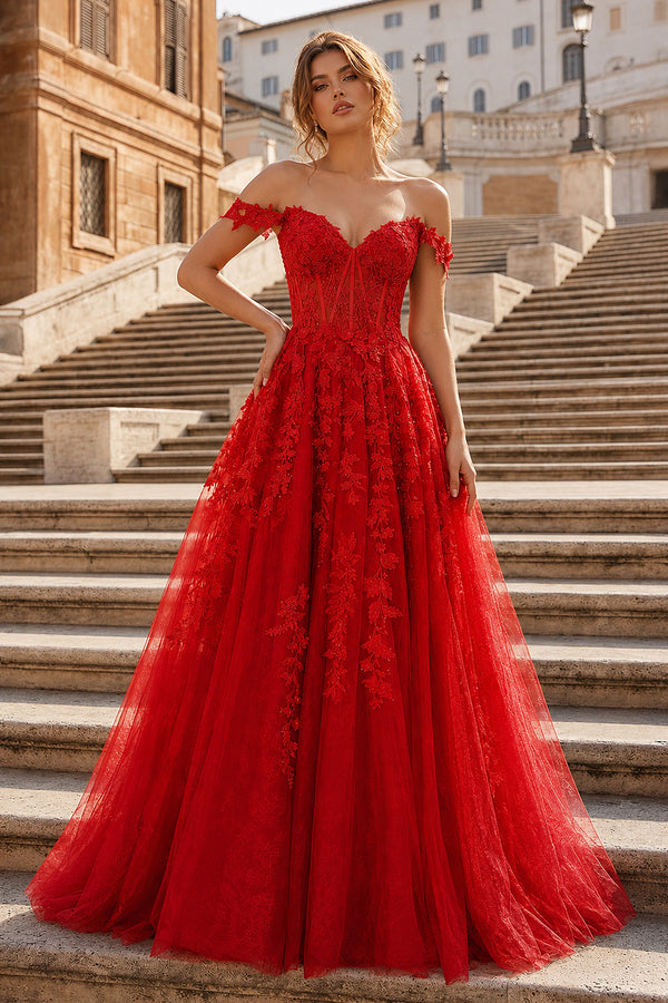 A-line V Neck Lace Tulle Prom Dress With Slit - KissProm
