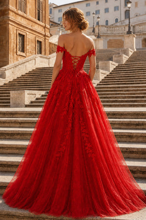 A-line V Neck Lace Tulle Prom Dress With Slit - KissProm