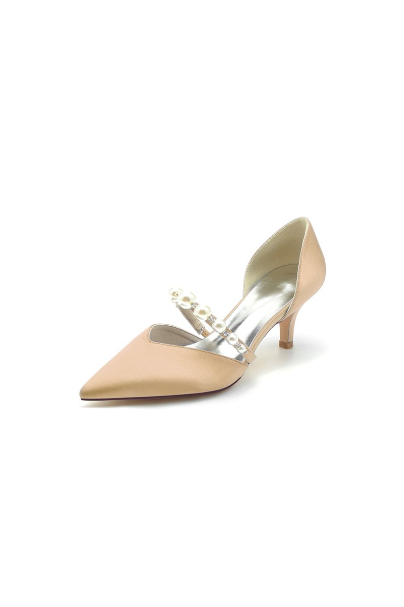 Elegant Satin Pointed Toe Heels with Pearl Strap - KissProm