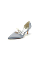 Elegant Satin Pointed Toe Heels with Pearl Strap - KissProm