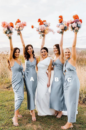 Elegant Sheath Halter Silk Satin Bridesmaid Dresses - KissProm