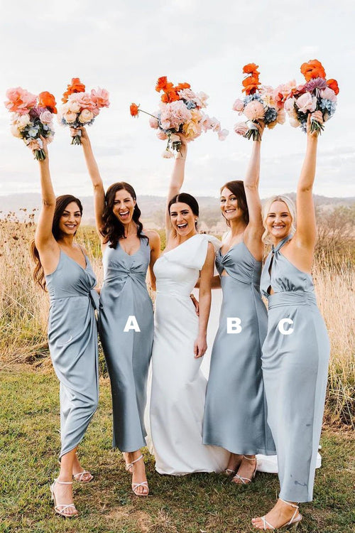 Elegant Sheath Halter Silk Satin Bridesmaid Dresses - KissProm