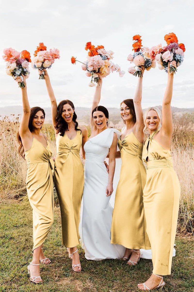 Elegant Sheath Halter Silk Satin Bridesmaid Dresses - KissProm