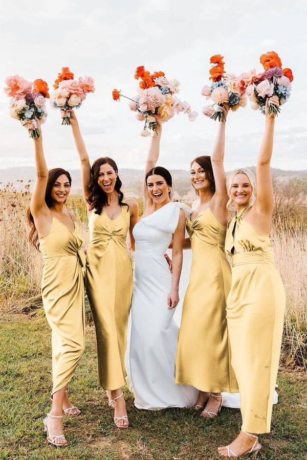 Elegant Sheath Halter Silk Satin Bridesmaid Dresses - KissProm