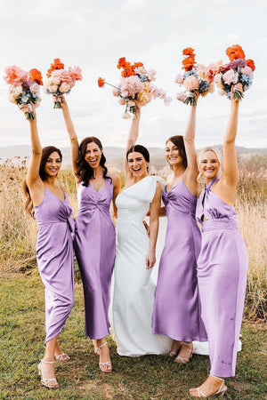 Elegant Sheath Halter Silk Satin Bridesmaid Dresses - KissProm