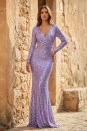 Elegant Sheath V-Neck Long Sleeves Sequin Prom Dress