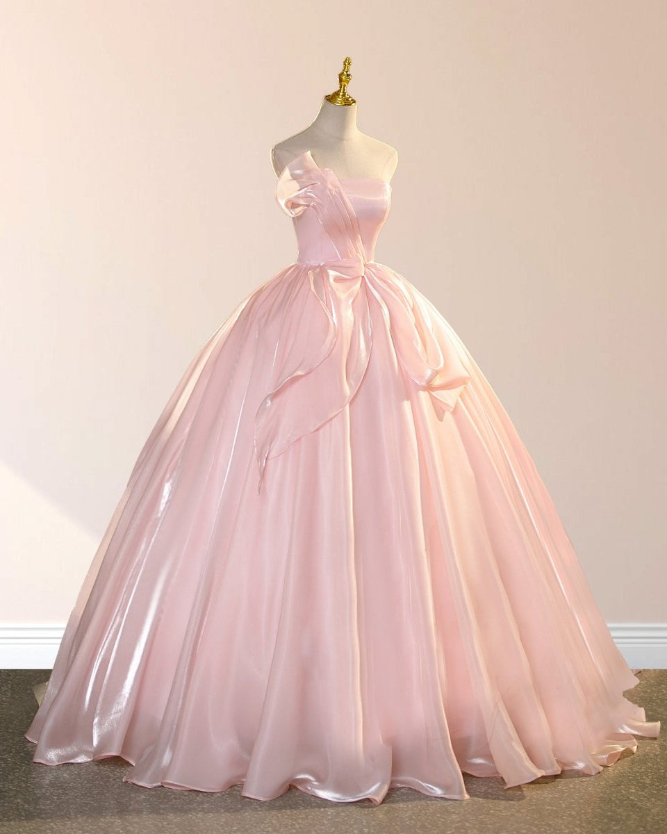 Elegant Shiny Pink Organza Strapless Quinceanera Dresses