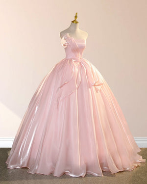 Elegant Shiny Pink Organza Strapless Quinceanera Dresses