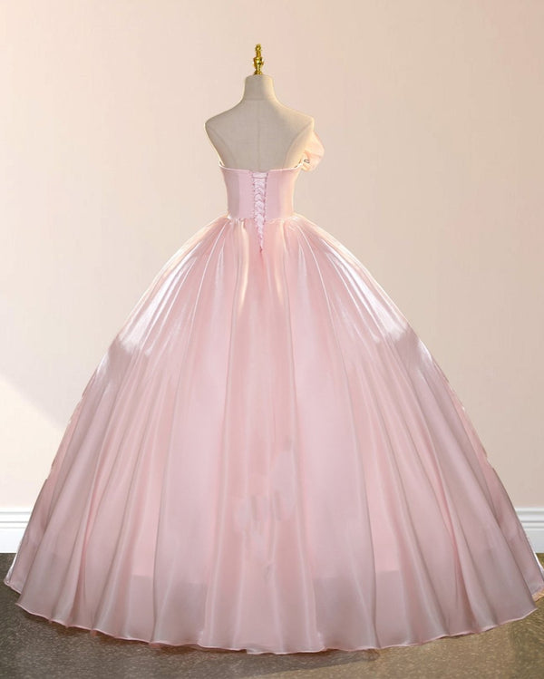 Elegant Shiny Pink Organza Strapless Quinceanera Dresses