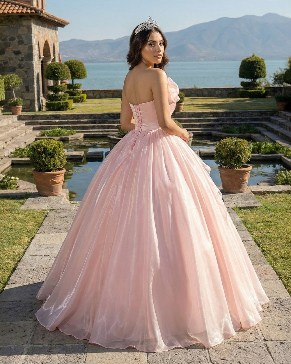 KissProm- Elegant Shiny Pink Organza Strapless Quinceanera Dresses