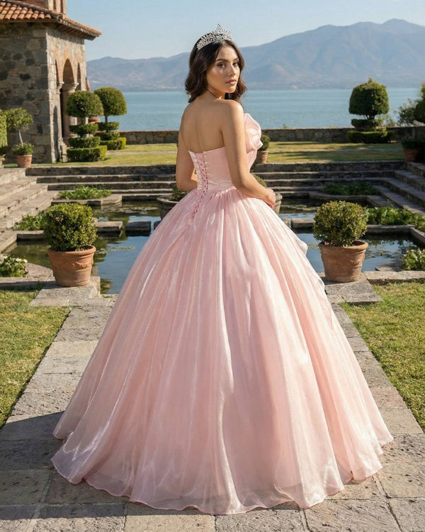 Elegant Shiny Pink Organza Strapless Quinceanera Dresses - KissProm