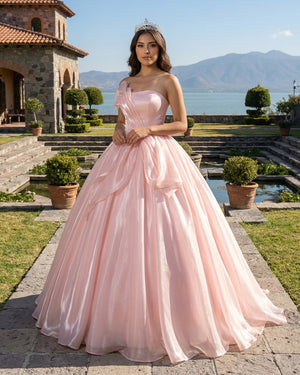 Elegant Shiny Pink Organza Strapless Quinceanera Dresses - KissProm