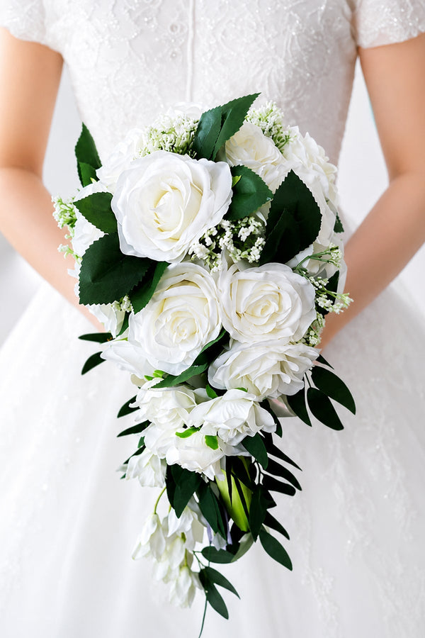 Elegant Silk Roses Wedding Flowers Bouquets in White - KissProm Accessories