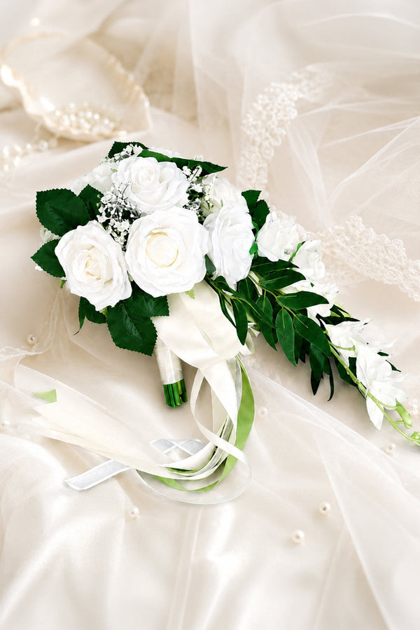 Elegant Silk Roses Wedding Flowers Bouquets in White - KissProm Accessories