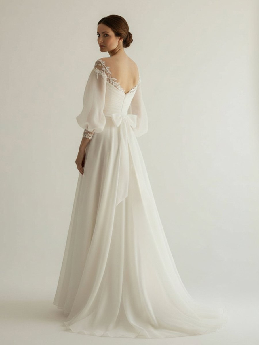 Elegant Simple Beach A - Line Lace Organza Floor Zipper Low - V BackWedding Dress with Sheer Sleeve - KissProm