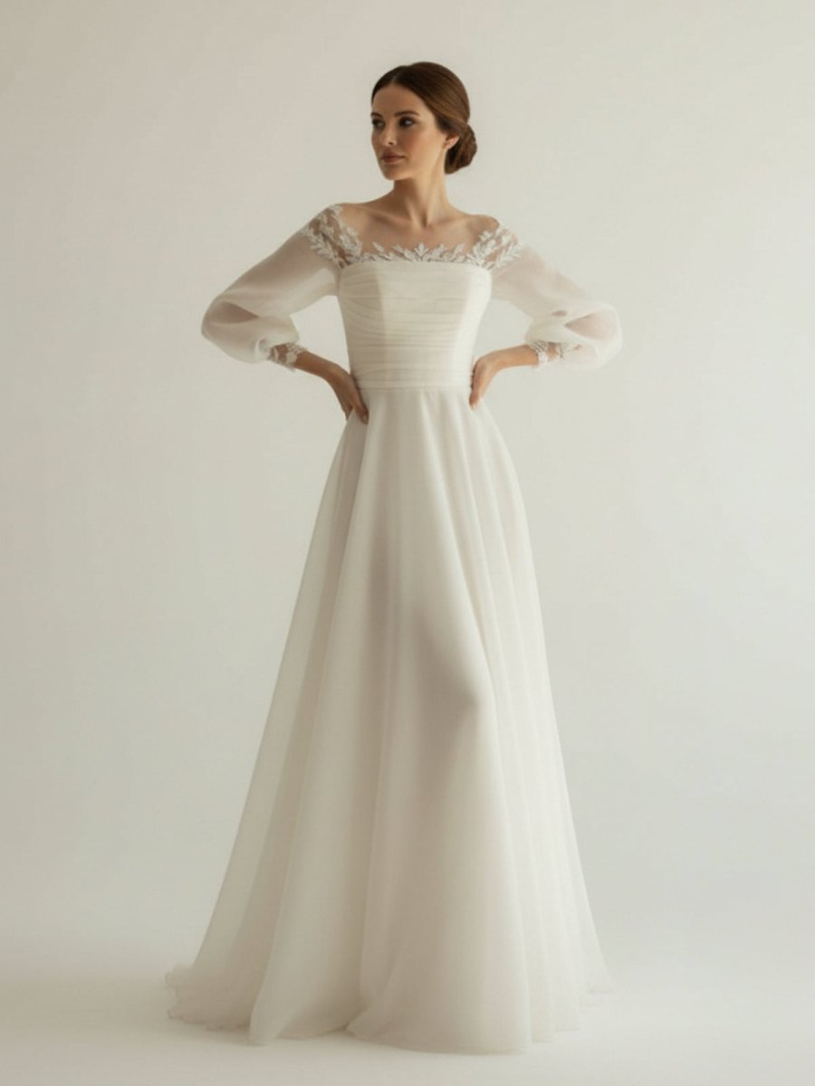 Elegant Simple Beach A - Line Lace Organza Floor Zipper Low - V BackWedding Dress with Sheer Sleeve - KissProm