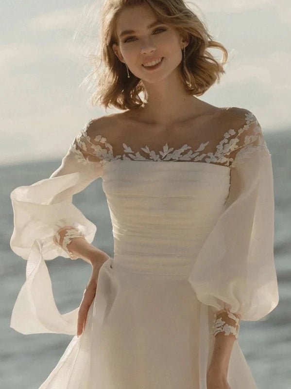 Elegant Simple Beach A - Line Lace Organza Floor Zipper Low - V BackWedding Dress with Sheer Sleeve - KissProm
