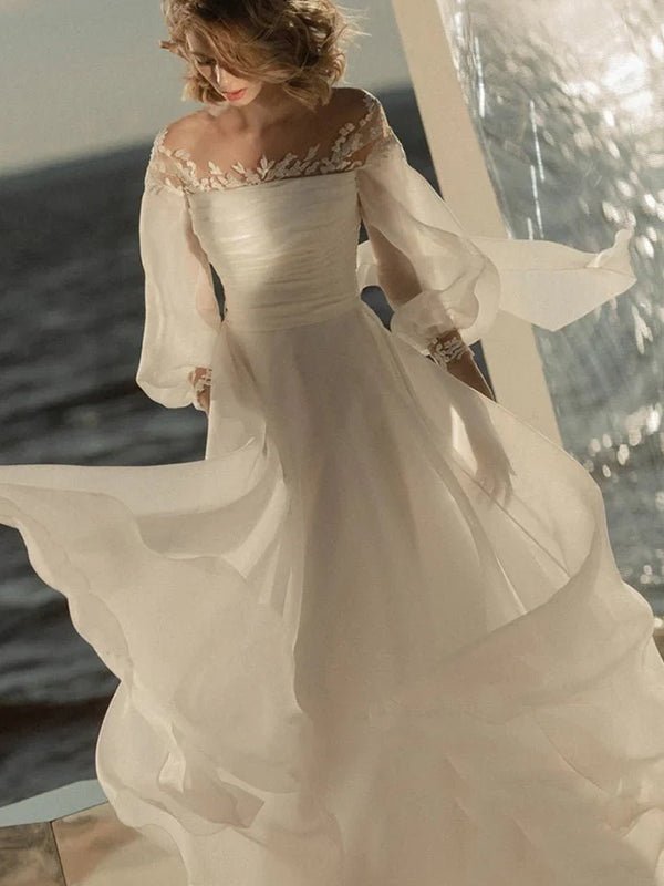 Elegant Simple Beach A - Line Lace Organza Floor Zipper Low - V BackWedding Dress with Sheer Sleeve - KissProm